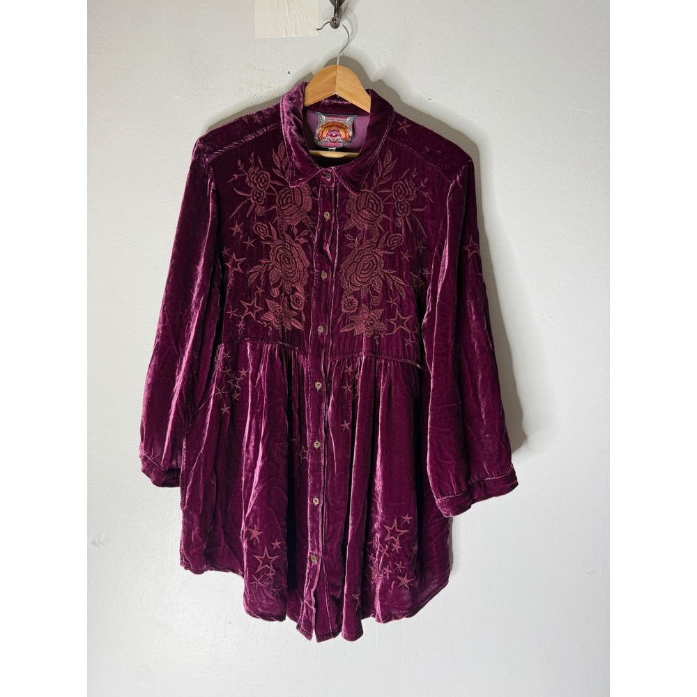 Johnny Was Velvet Star Embroidered Button Down Plum Purple Celestial Long Sleeve